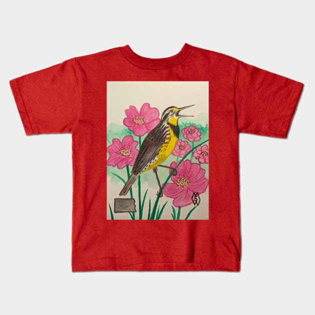 North Dakota state bird and flower, the meadowlark and wild prairie rose Kids T-Shirt by Matt Starr Fine Art